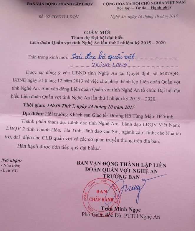 Giấy mời Tham dự Đại hội đại biểu Liên đoàn Quần vợt tỉnh Nghệ An lần thứ I nhiệm kỳ 2015 – 2020
